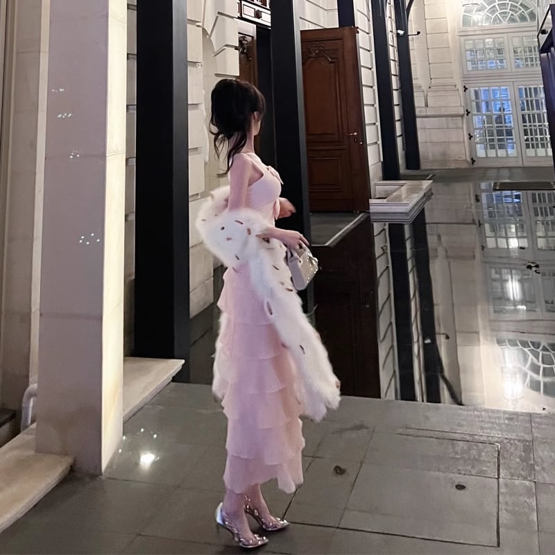 【dress】リボン付きティアードキャミワンピース Q7679