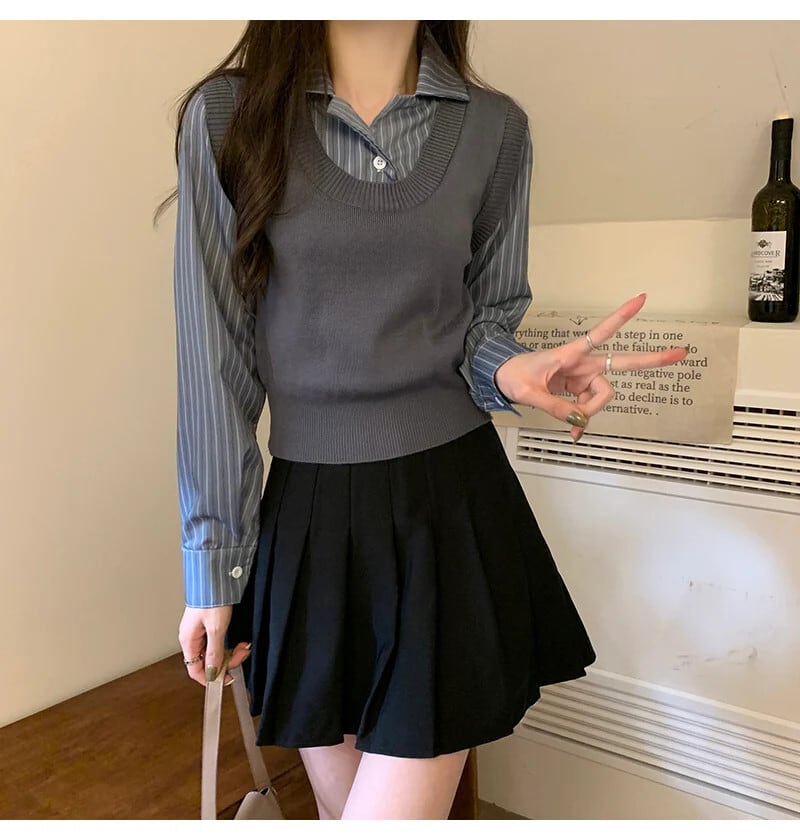 【tops】POLOネック切り替えニットトップス　N2834