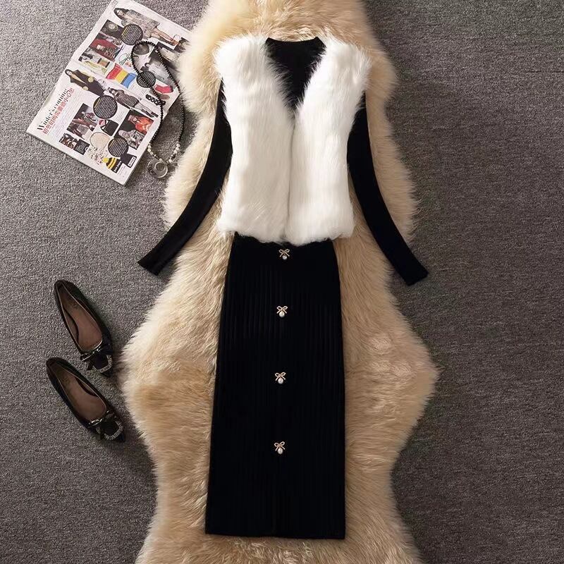 【set】セットベスト+セーター+スカート3点セットアップF1291