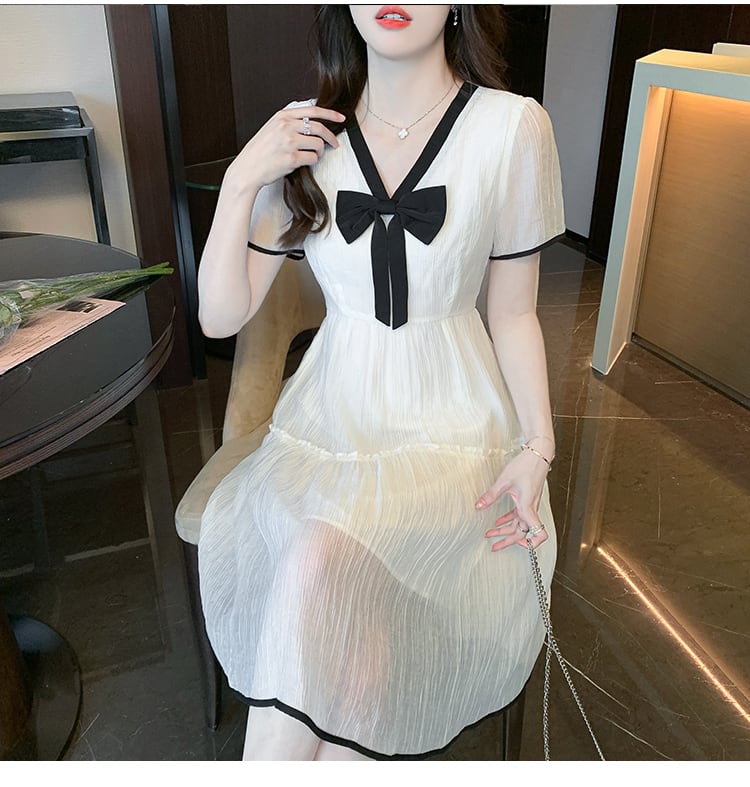 【dress】Vネックリボンシフォンワンピース G20932