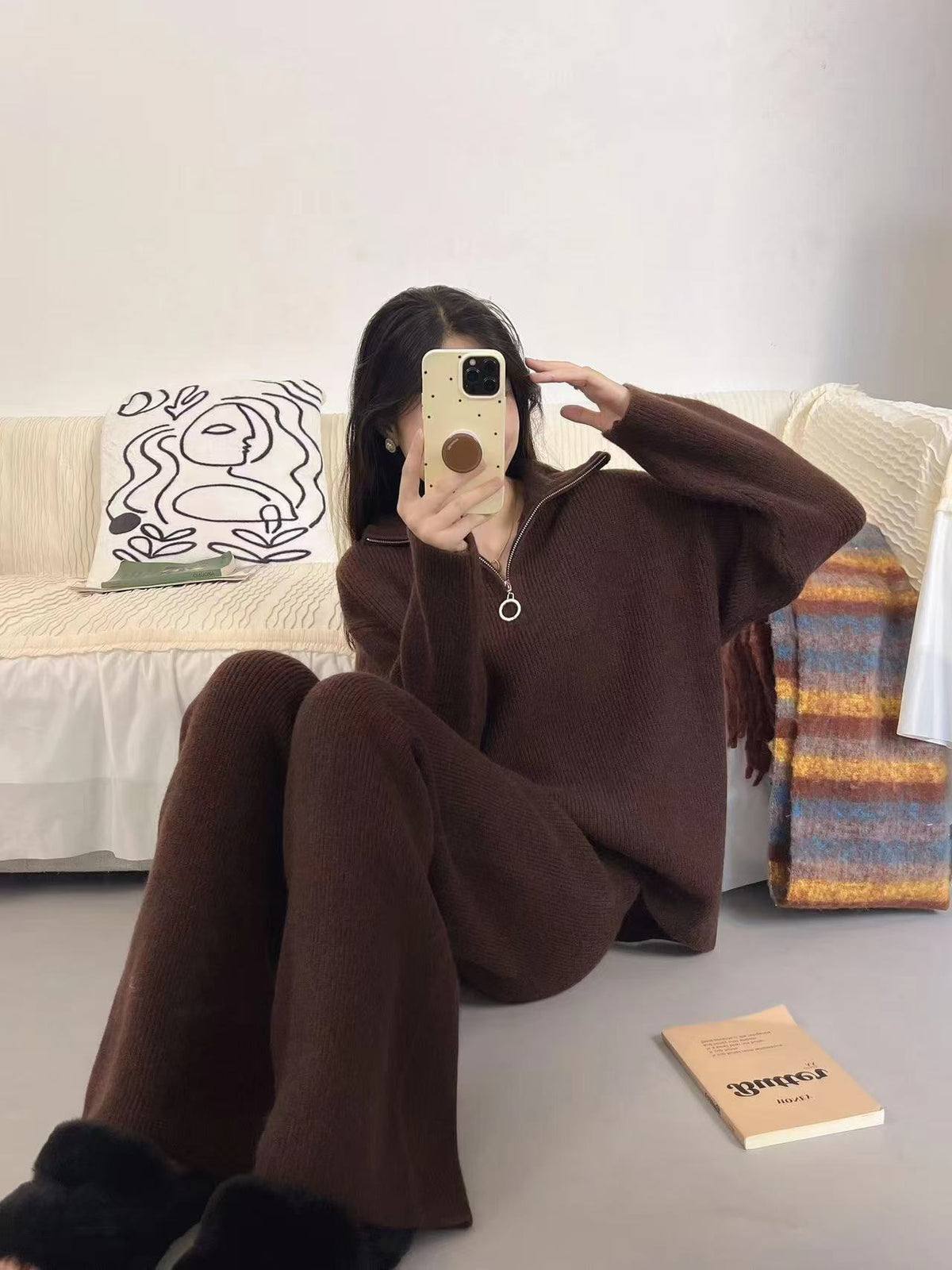 【set】ファスナーニットセーター×ワイドパンツセット　M26225