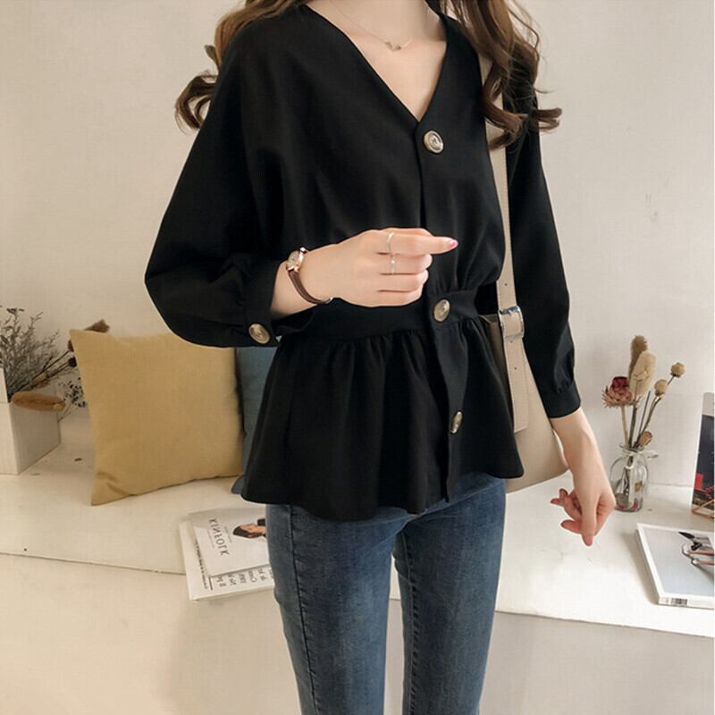 【tops】好感度満載!Vネック長袖ギャザーウェスト絞り無地ブラウス