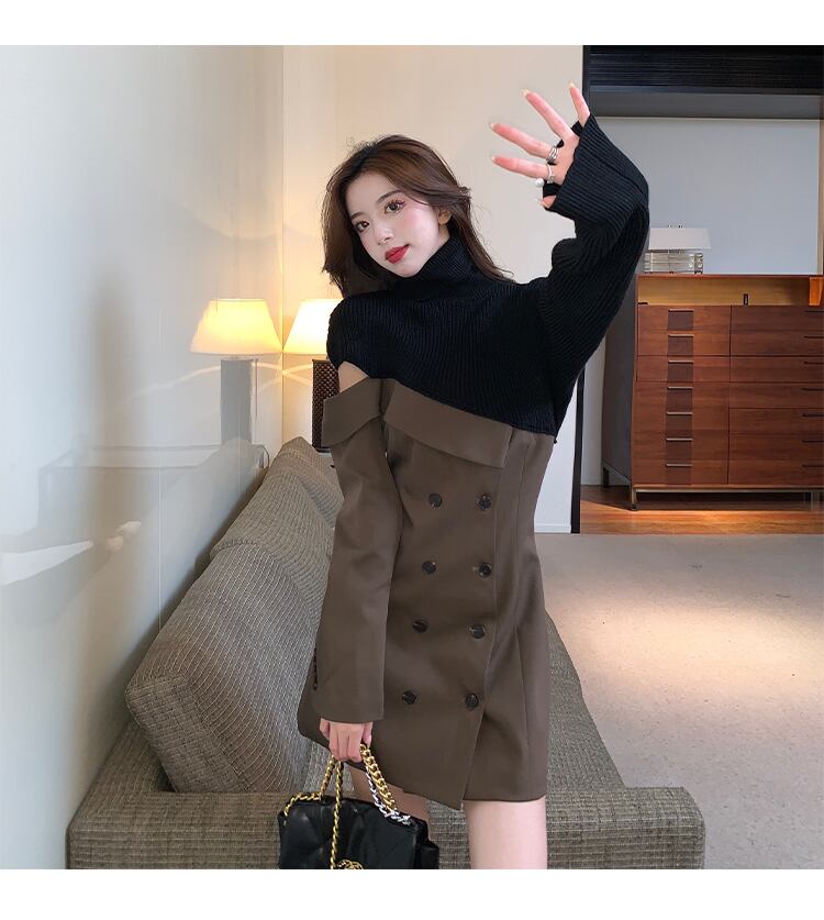 【dress】一目惚れ！ハイネック長袖ニット替え体型カバーファッション配色ワンピースF0972