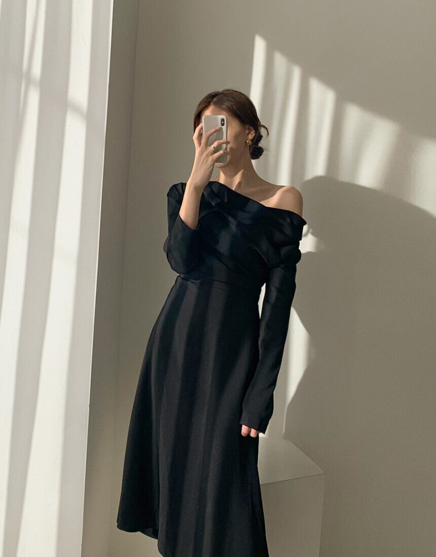 【dress】エレガント気質満点シンプル不規則着痩せハイウエスト長袖ワンピース G2964