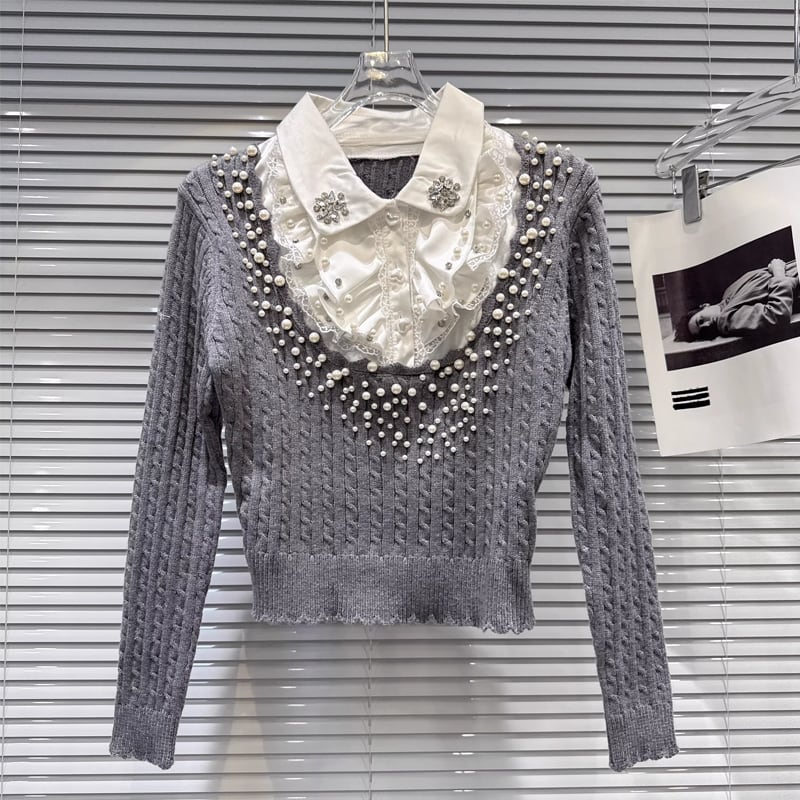 【tops】パール付きフェイクレイヤードニットトップス Q7998