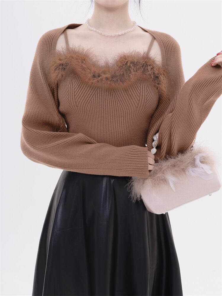 【tops】フェイクファーキャミソール×カーディガンセット　N2128