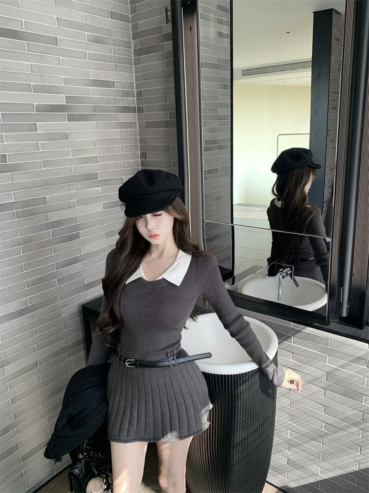 【dress】折り襟ニットワンピース　M28887