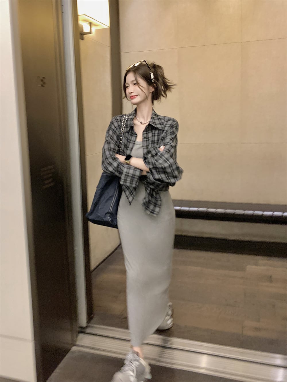 【set】チェック柄シャツ×キャミワンピースセット　M25124
