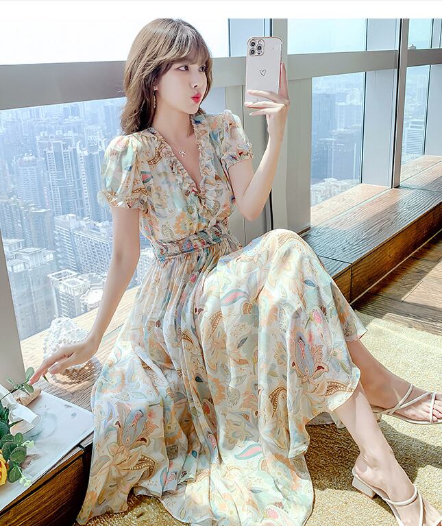 【dress】好感度満載！Vネック半袖夏海旅行シフォン花柄配色ワンピース F0343