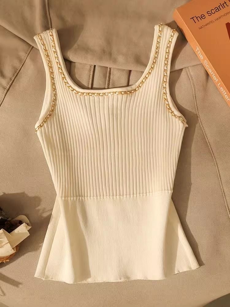 【tops】UネックノースリーブニットタンクトップF7314