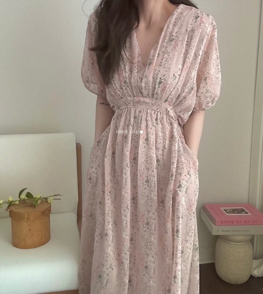 【dress】Vネック花柄パフスリーブワンピース G20746