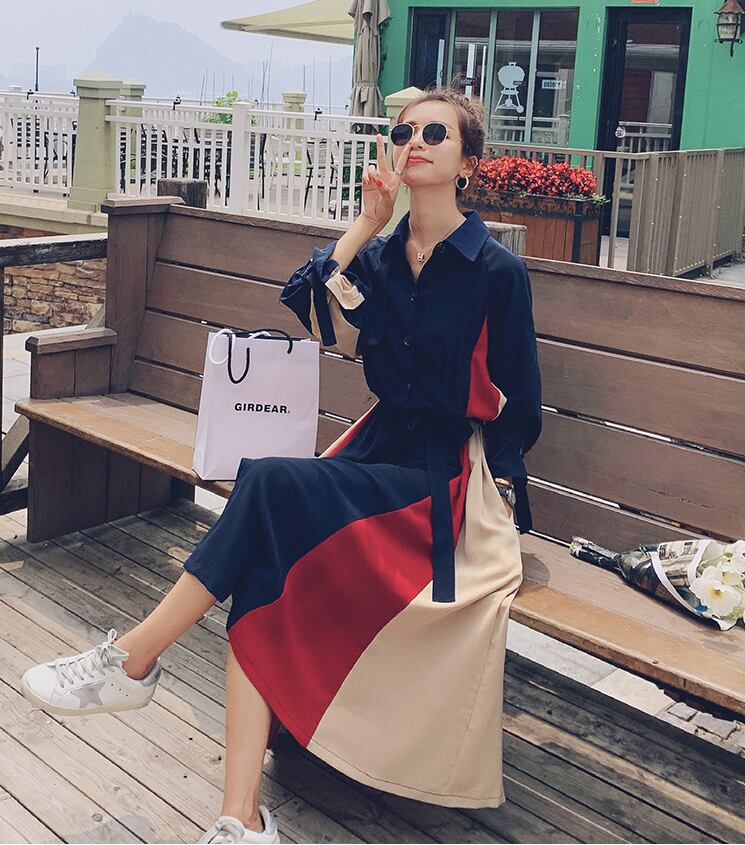 【dress】気質満点POLOネックスウィート長袖デザイン着痩せワンピース G1510