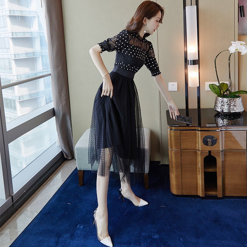 【dress】好感度UP!気質満点フェミニンレース体型カバードット柄ワンピース G0506