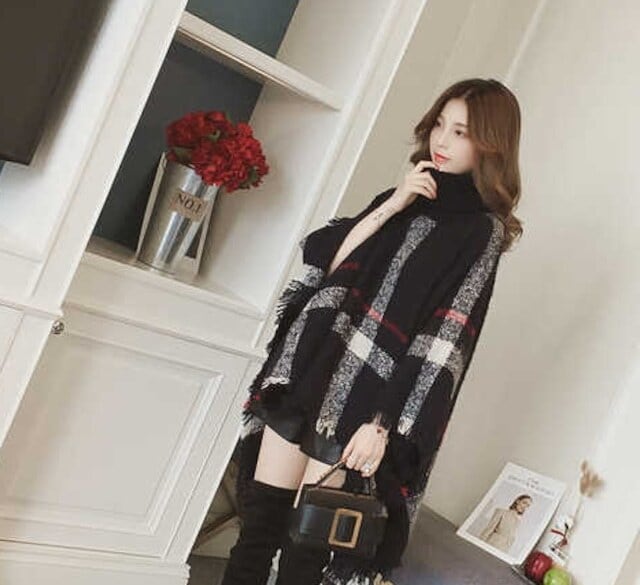 【tops】2色ハイネックドルマンスリーブおしゃれチェック柄着回しニットF3833