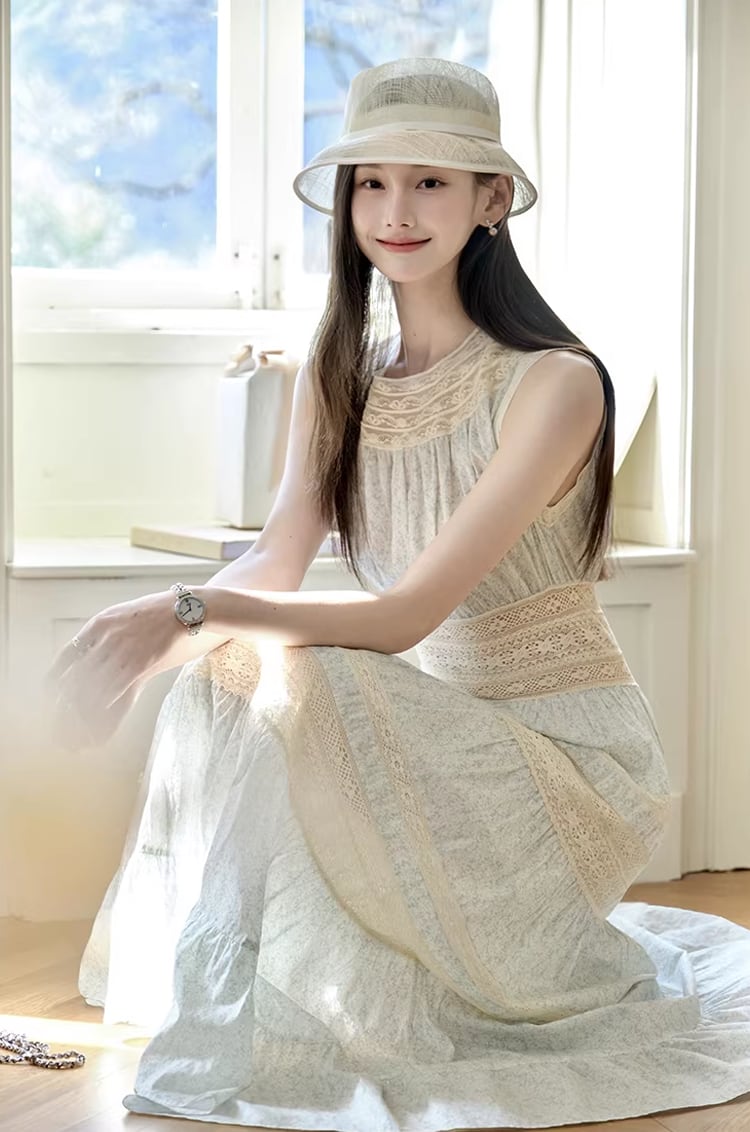 【dress】レースドッキングロングワンピース Q8386