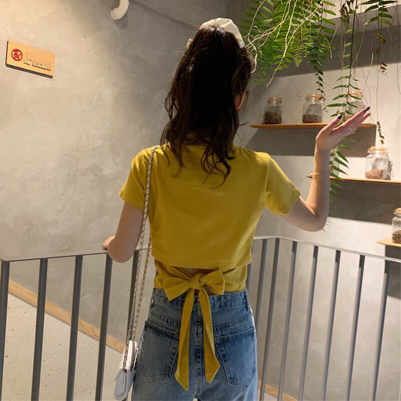 【tops】選べる5色！ラウンドネック半袖無地着回し蝶々結びTシャツ