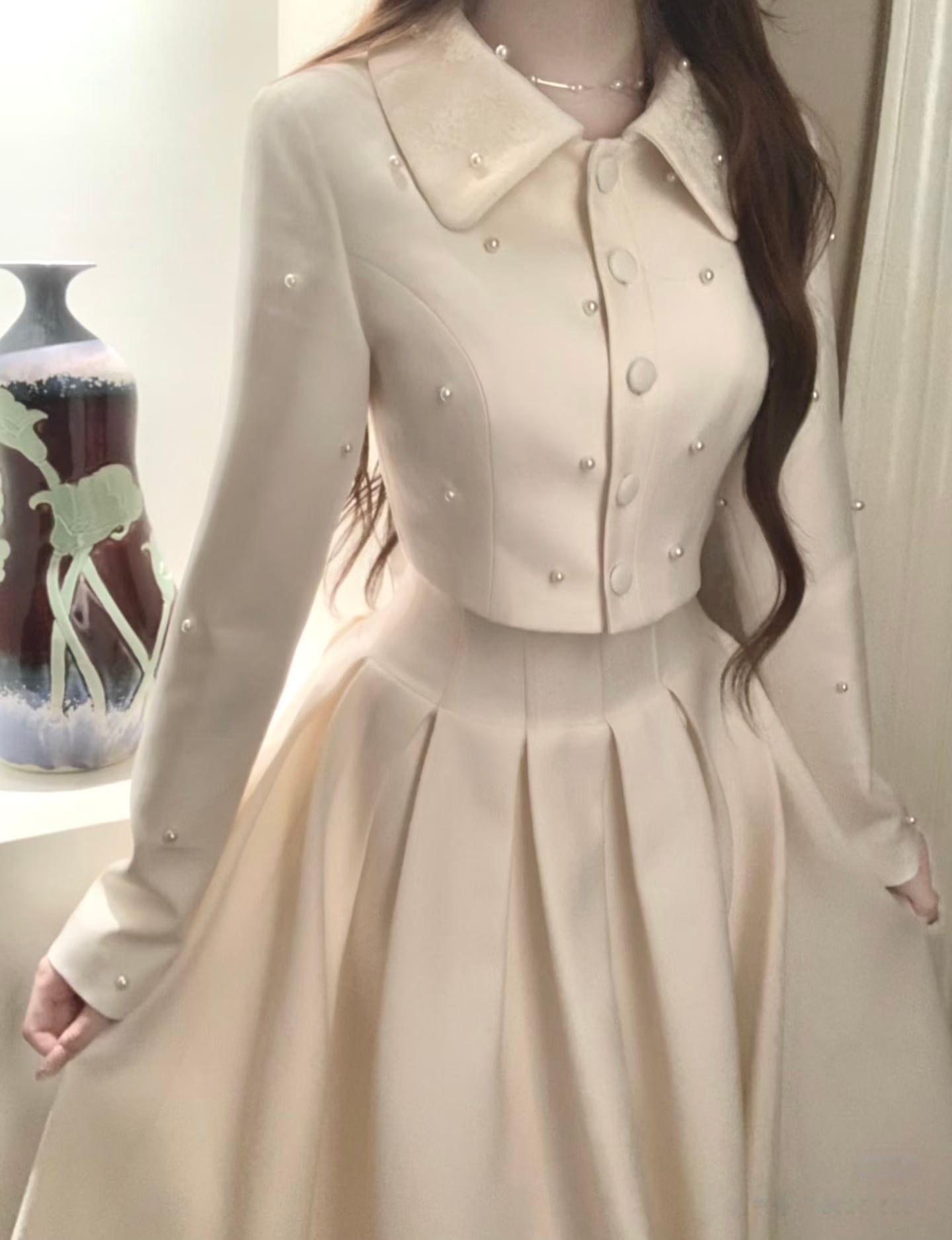 【set】パール付きショートジャケット×ロングスカートセット N3401