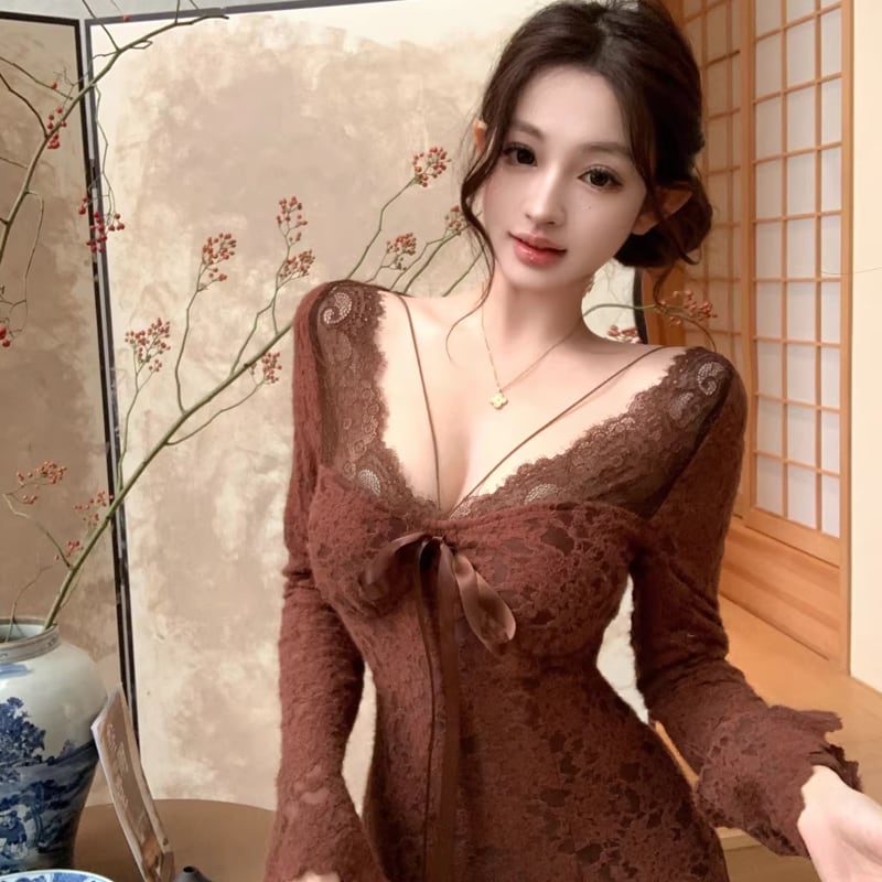 【dress】胸パット付きロングレースワンピース Q8167