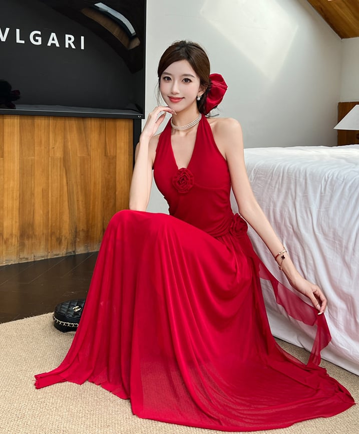【dress】ノースリーブホルターネックロングワンピース Q8190