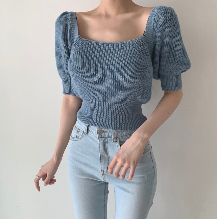 【tops】大人可愛いパフスリーブ無地ショート丈ボウタイニットF0022