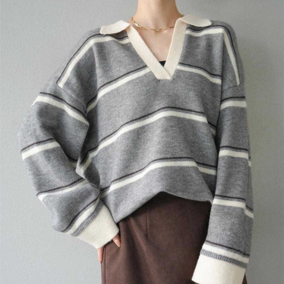 【tops】Ⅴネックボーダー柄ニットトップス N3430