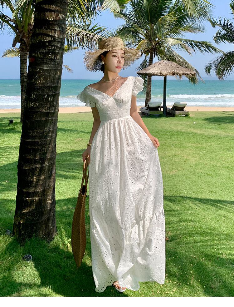 【dress】Vネック透かし彫り海旅行ワンピースF6080