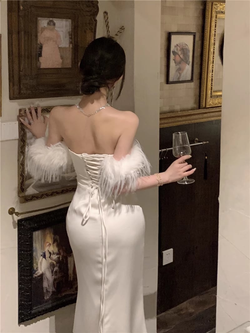 【dress】ファー付きオフショルダーワンピース Q7632