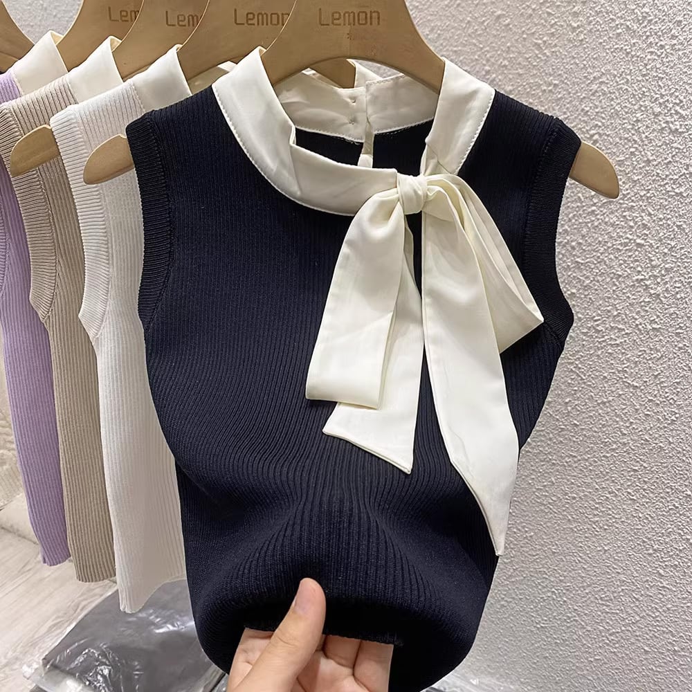 【tops】タイカラーニットタンクトップF7262