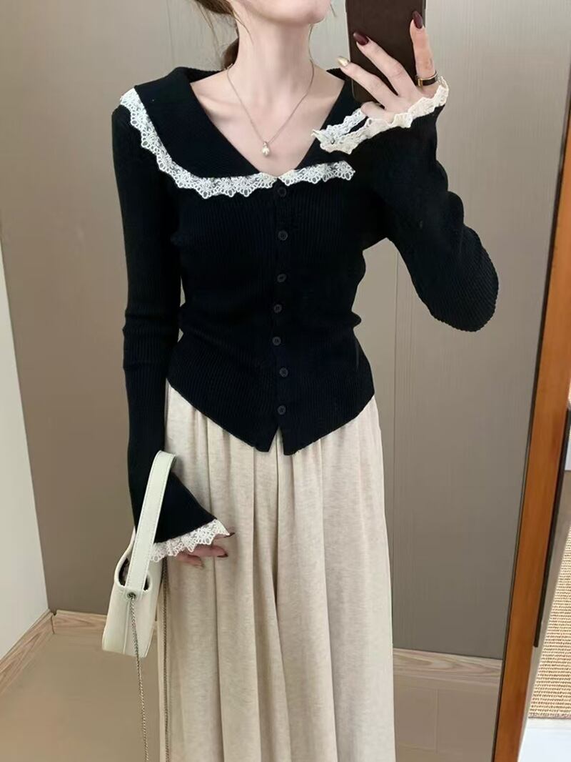 【tops】レース切り替えニットカーデ　M27552