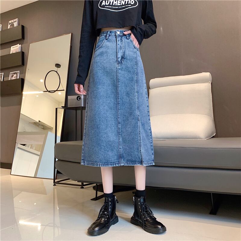 【bottoms】細身効果抜群♪INS風ポケット付きスリット合わせやすいデニムスカート