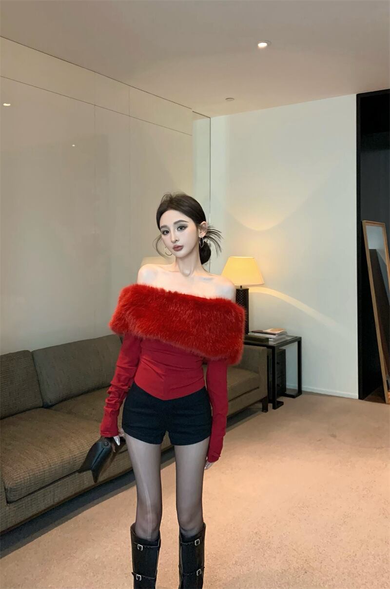 【tops】ファーオフショルダートップス　M29005
