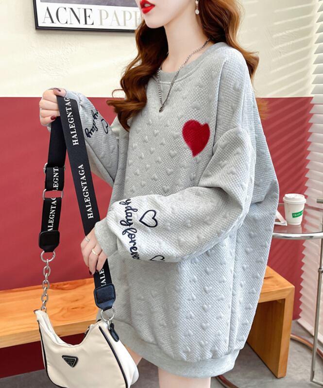 【tops】INS風ラウンドネック長袖ハート柄カジュアル薄手パーカーF3574