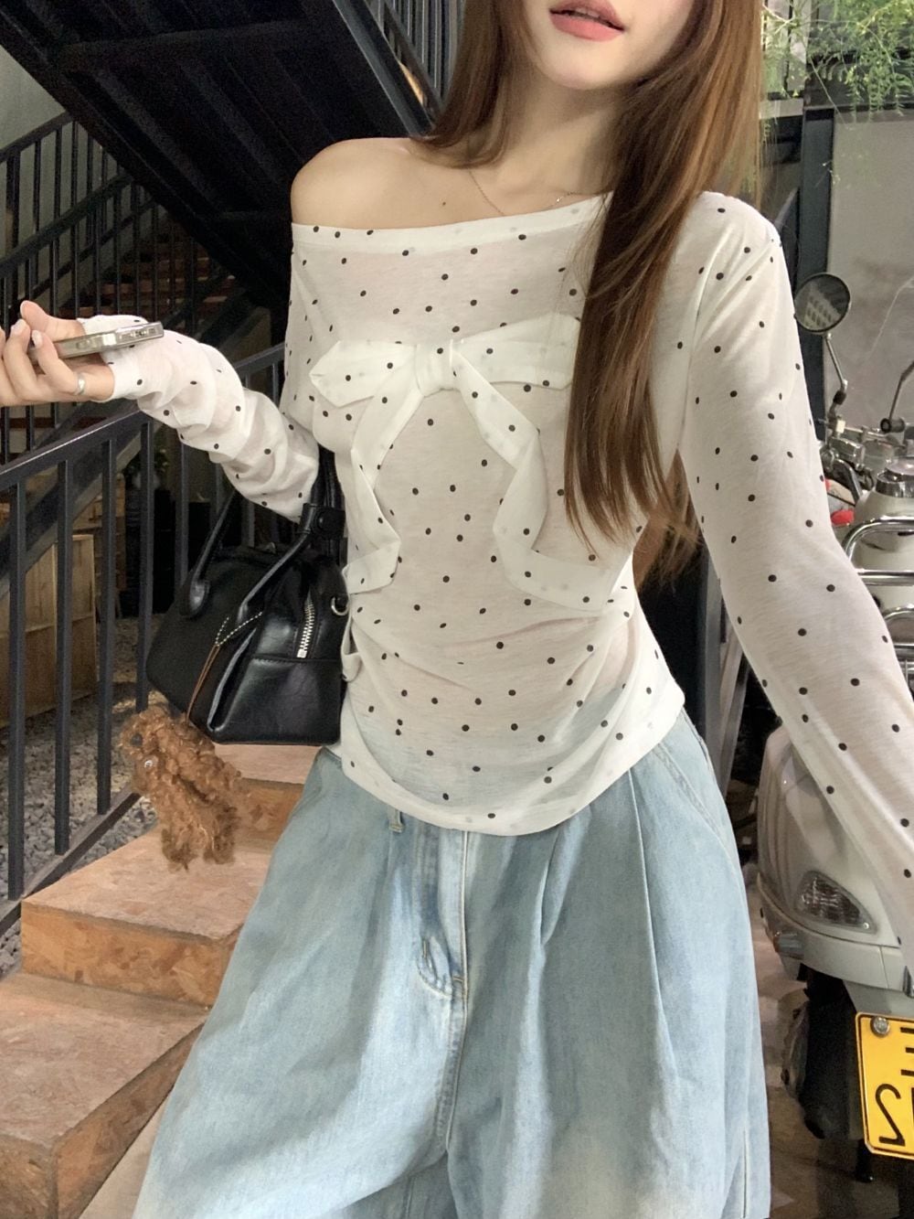 【tops】ドット柄長袖Tシャツ　M25262