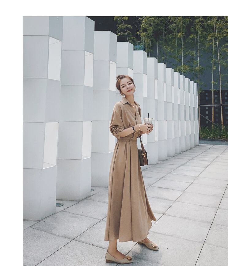 【dress】OL通勤気質満点レトロスウィート長袖Vネック無地着痩せワンピース