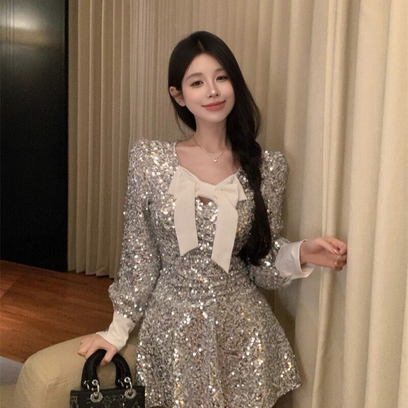 【dress】スパンコールリボン付きワンピース　M28003
