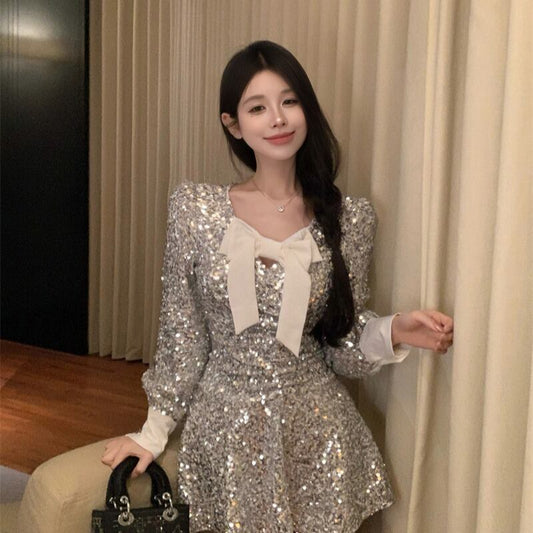 【dress】スパンコールリボン付きワンピース　M28003