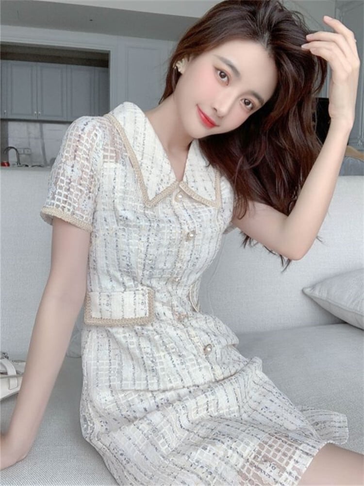 【dress】美人度アップ!気質満点折り襟夏透かし彫り着痩せ ワンピース G0465