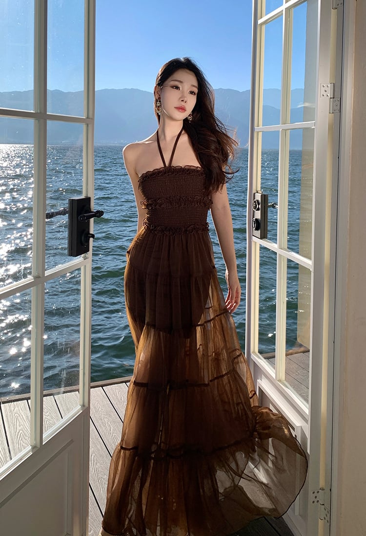 【dress】ホルターネックシアーチュールロングワンピース Q8483