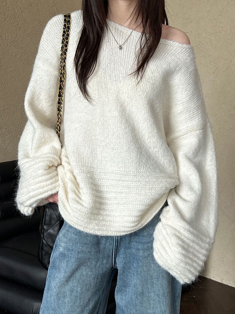 【tops】オフショルダーバルーンスリーブニットトップス　N2911