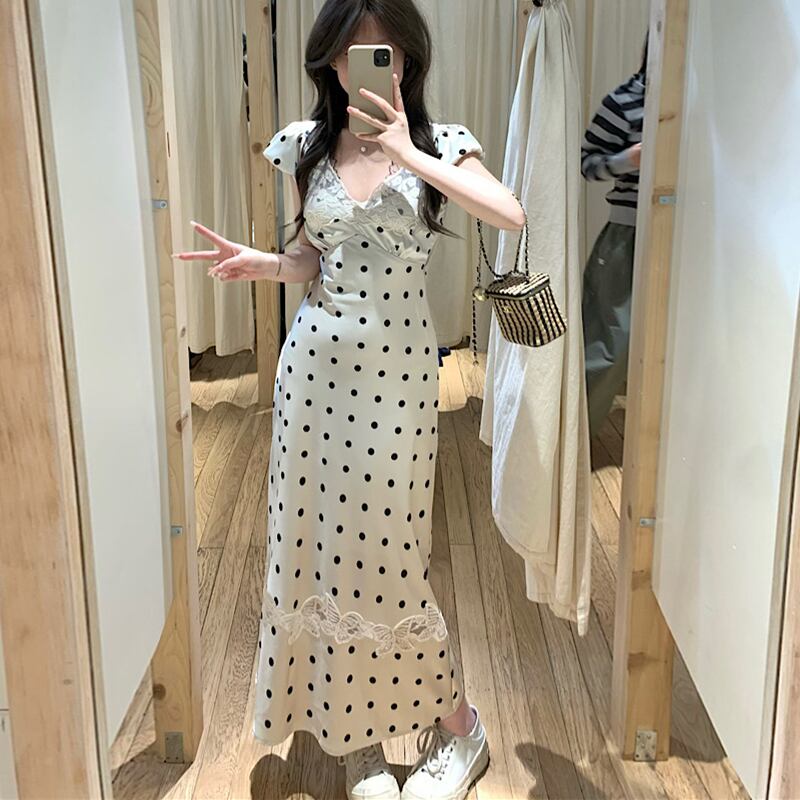 【dress】レースVネックドット柄ワンピース G20640