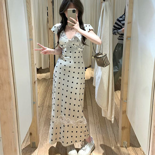 【dress】レースVネックドット柄ワンピース G20640