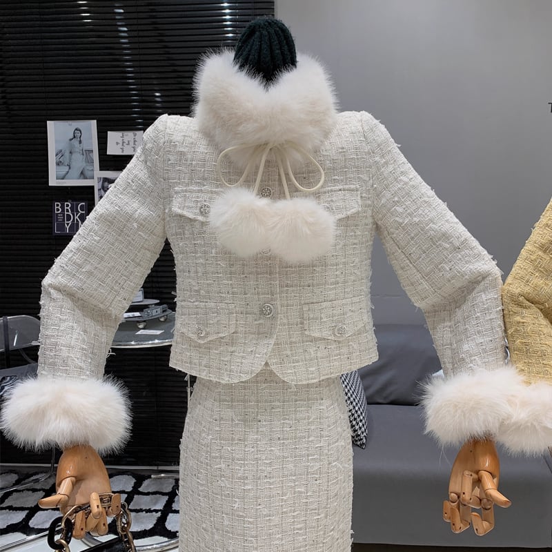 【set】ファー付きツイードジャケット×ロングスカートセット Q7463