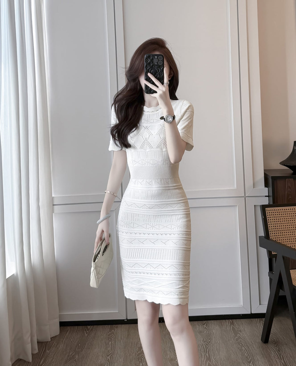 【dress】半袖透かし編みニットワンピース Q8492