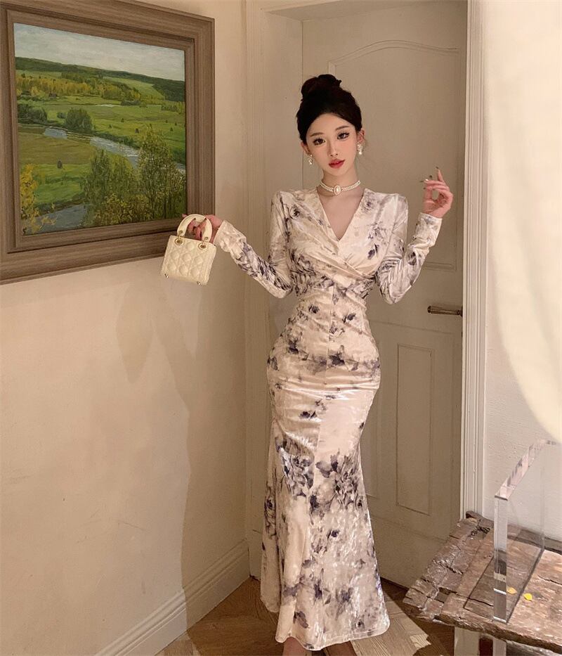 【dress】Vネックプリントワンピース G19641