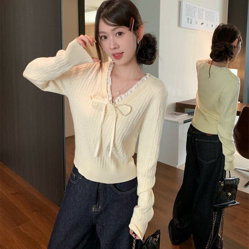 【tops】Vネックリボン付きニットトップス　M27739