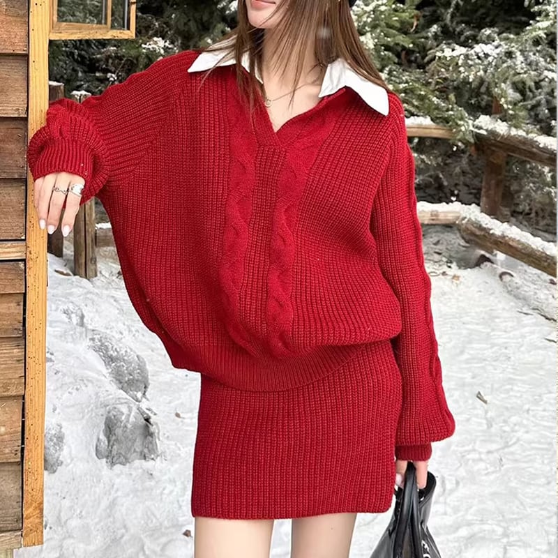 【set】フェイクレイヤードニットトップス×ミニスカートセット Q7864
