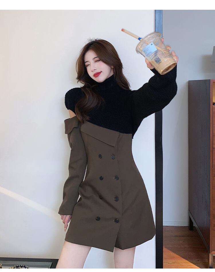 【dress】一目惚れ！ハイネック長袖ニット替え体型カバーファッション配色ワンピースF0972