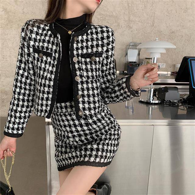 【set】細身効果抜群♪2点セット秋新作千鳥格子長袖ジャケット+タイトスカートF0781