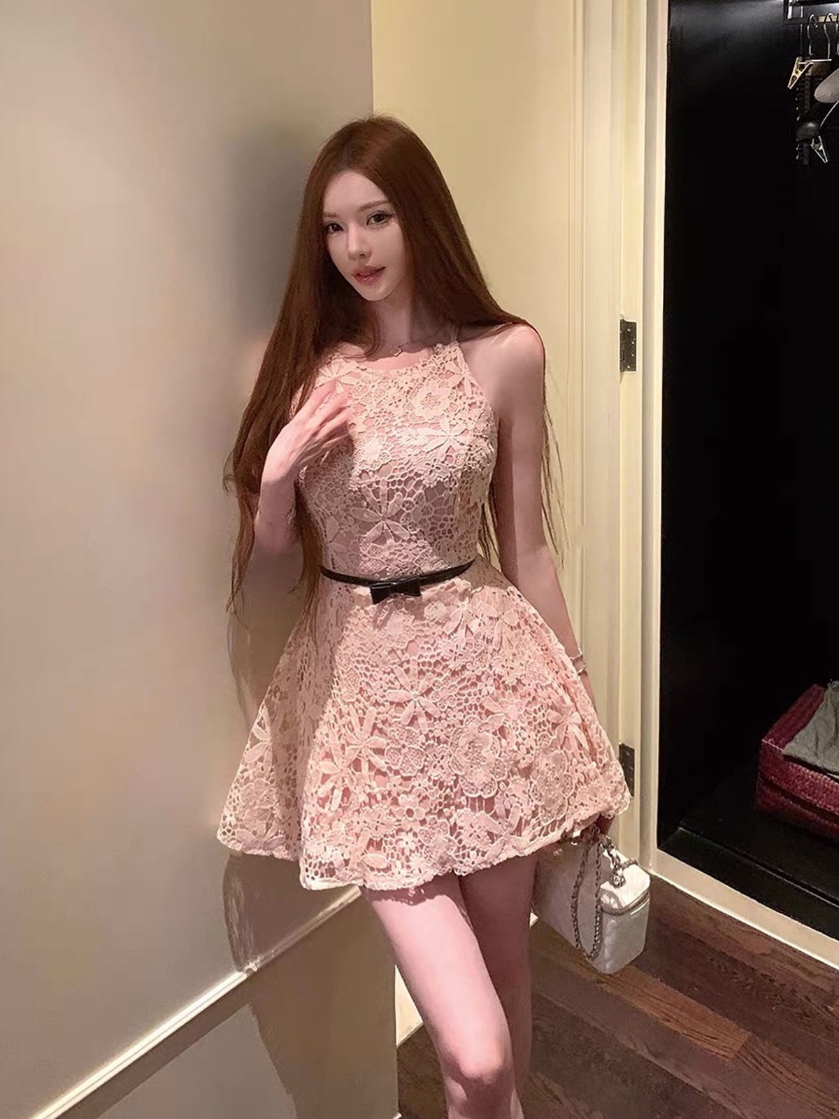 【dress】リボンベルトレースワンピース Q8755