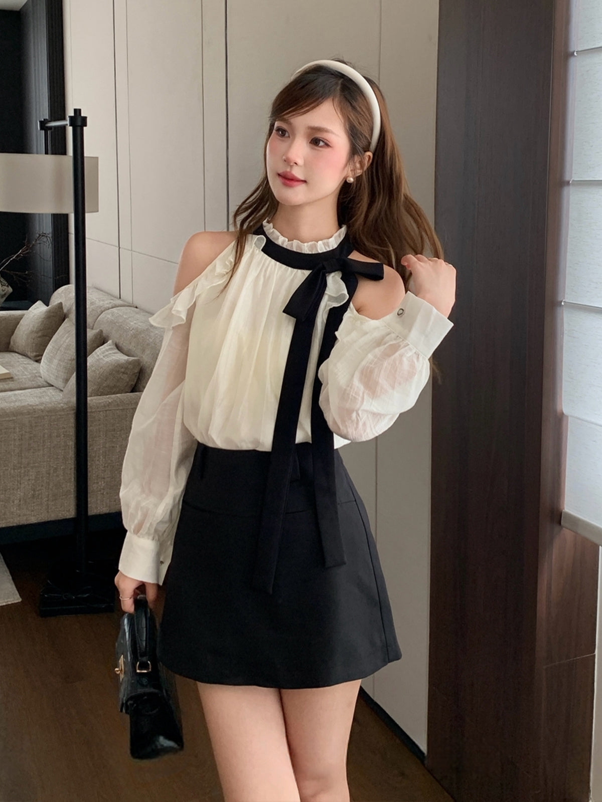 【tops】リボン付きオフショルダートップス Q8939